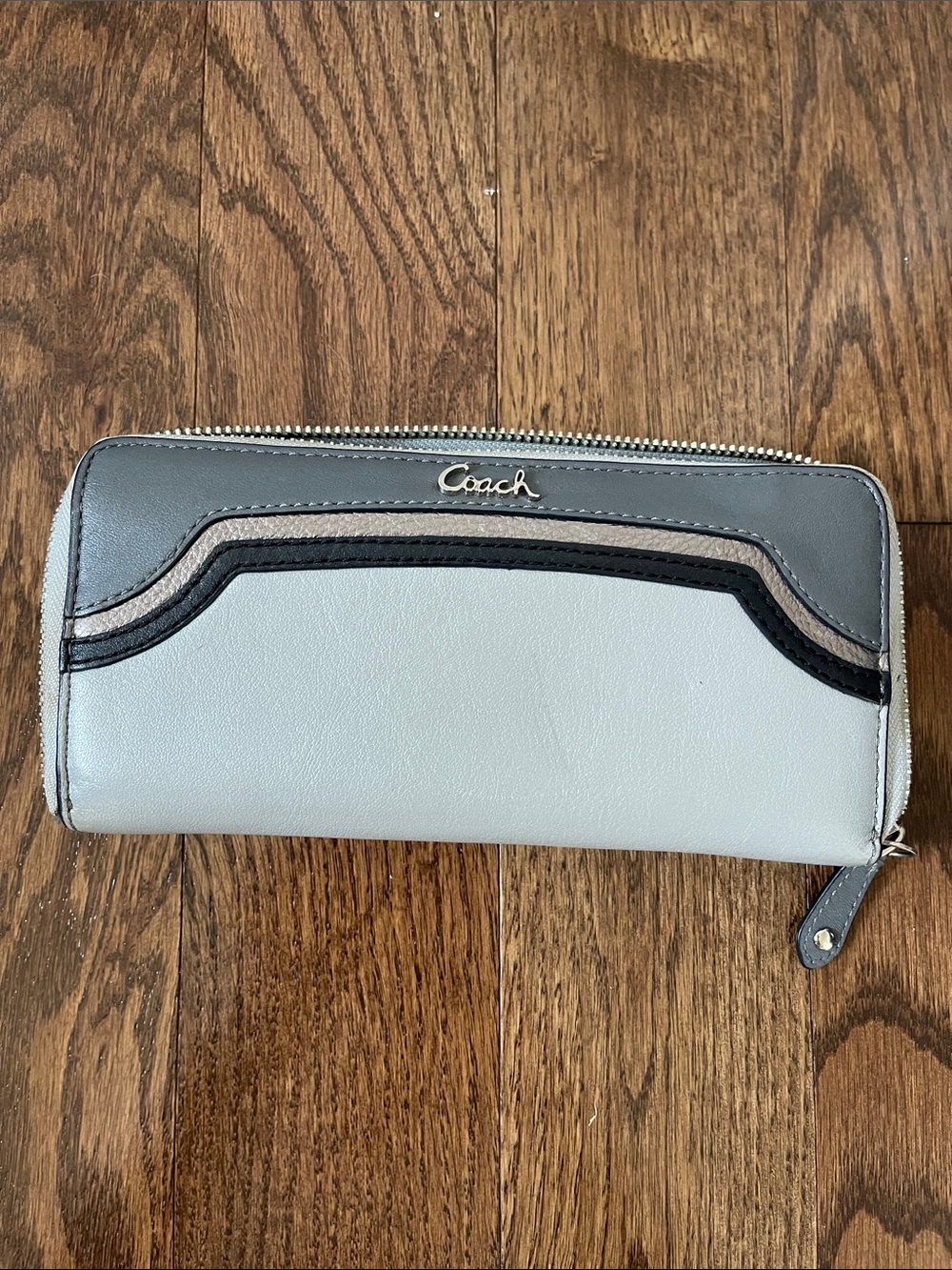 Coach Two-Tone Zip Around Leather Wallet in Light Gray and Charcoal